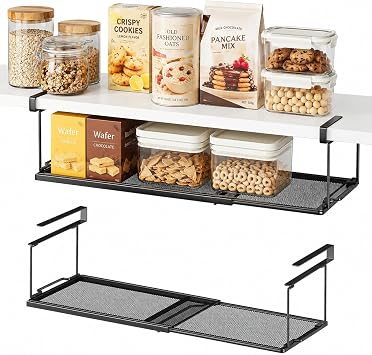 Under Shelf Basket Storage, Expandable Black Metal Cabinet Organizer | Expands 15.227.8in Metal Mesh Basket No Drill Installation Under Cabinet Organizer for Kitchen Pantry, Cabinet, Laundry Room