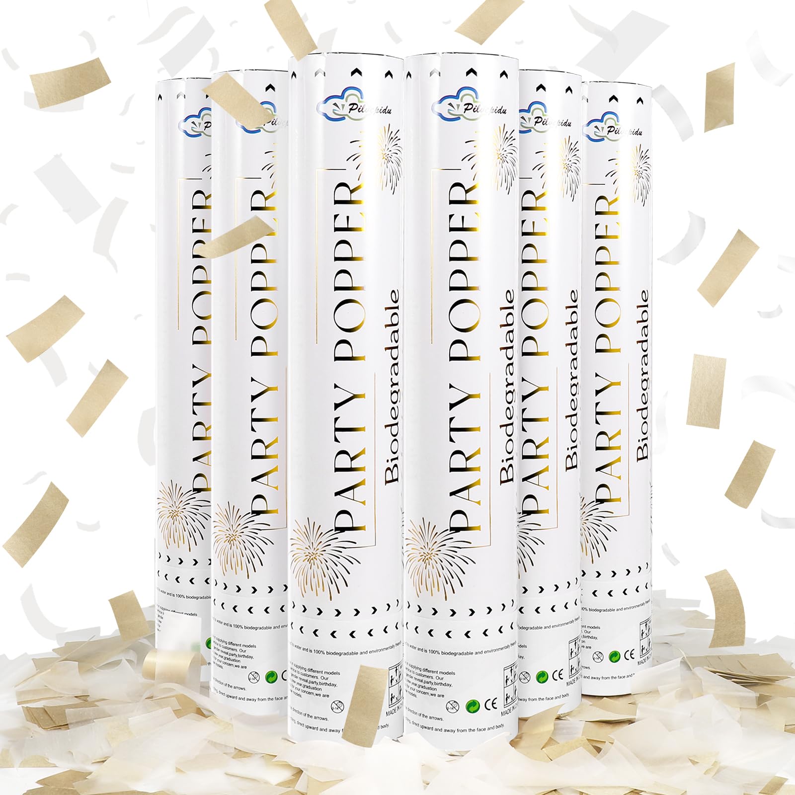 White Mix Gold Rice Confetti Cannon,6Pack Biodegradable Mulitcolor Confetti Poppers Party Shooters,12inch Party Poppers For Lawns Wedding,Birthday,Celebrations,Photo Shoots and New Years.