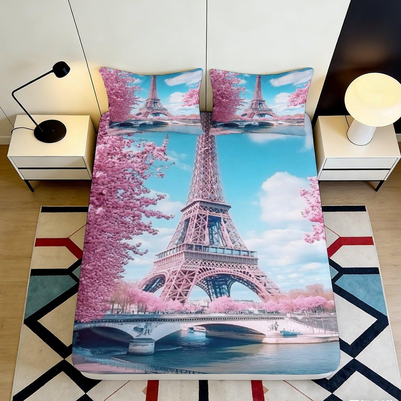 3D Printed Eiffel Tower Fitted Sheet Microfiber Deep Pocket Non-Slip Bedroom Bedding Paris Mattress Fitted Cover 200x200x25cm