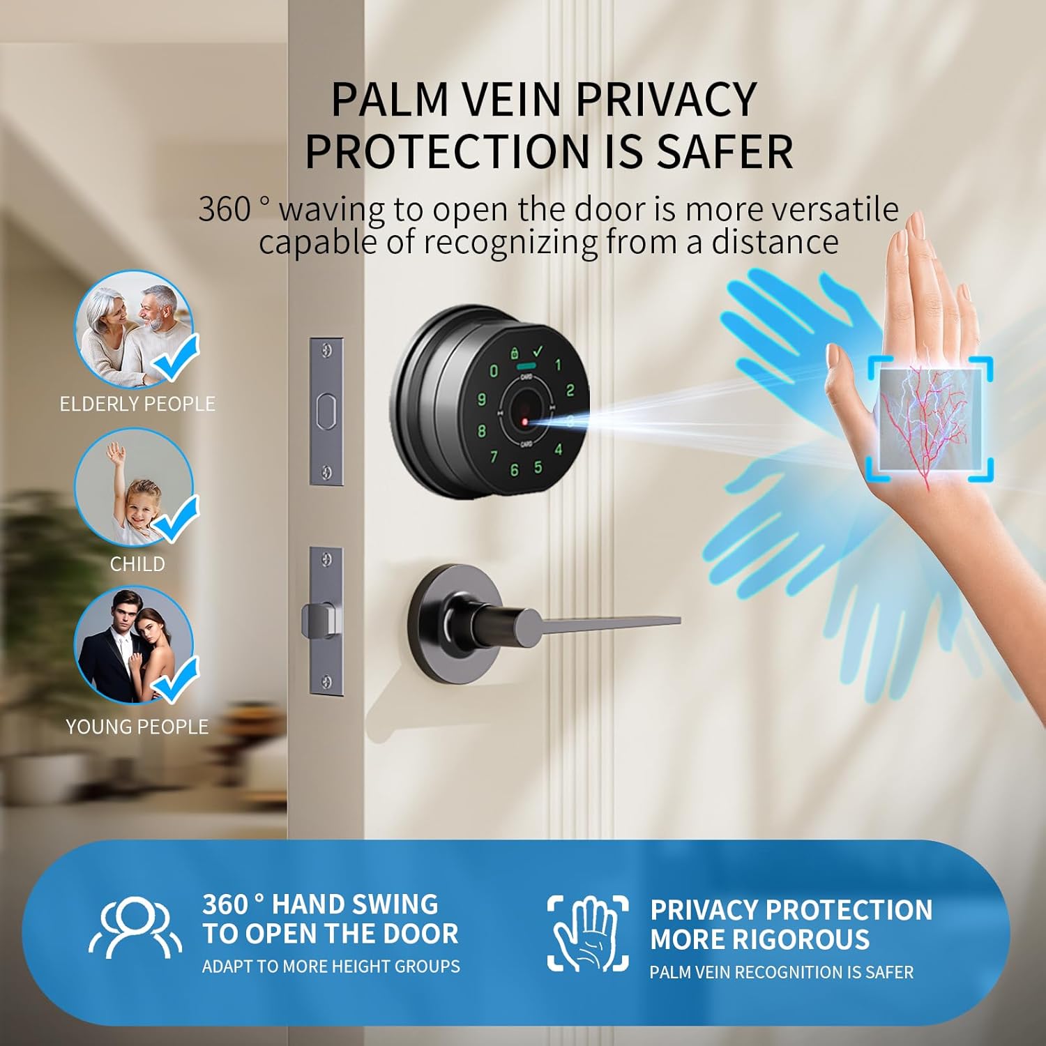 Keyless Entry Door Lock,Keypad with Code & Palm Vein Recognition Smart Deadbolt,Smart Front Electronic Deadbolt,Bluetooth Digital biometric Door Lock,Waterproof Auto Lock (K10 Double Black)