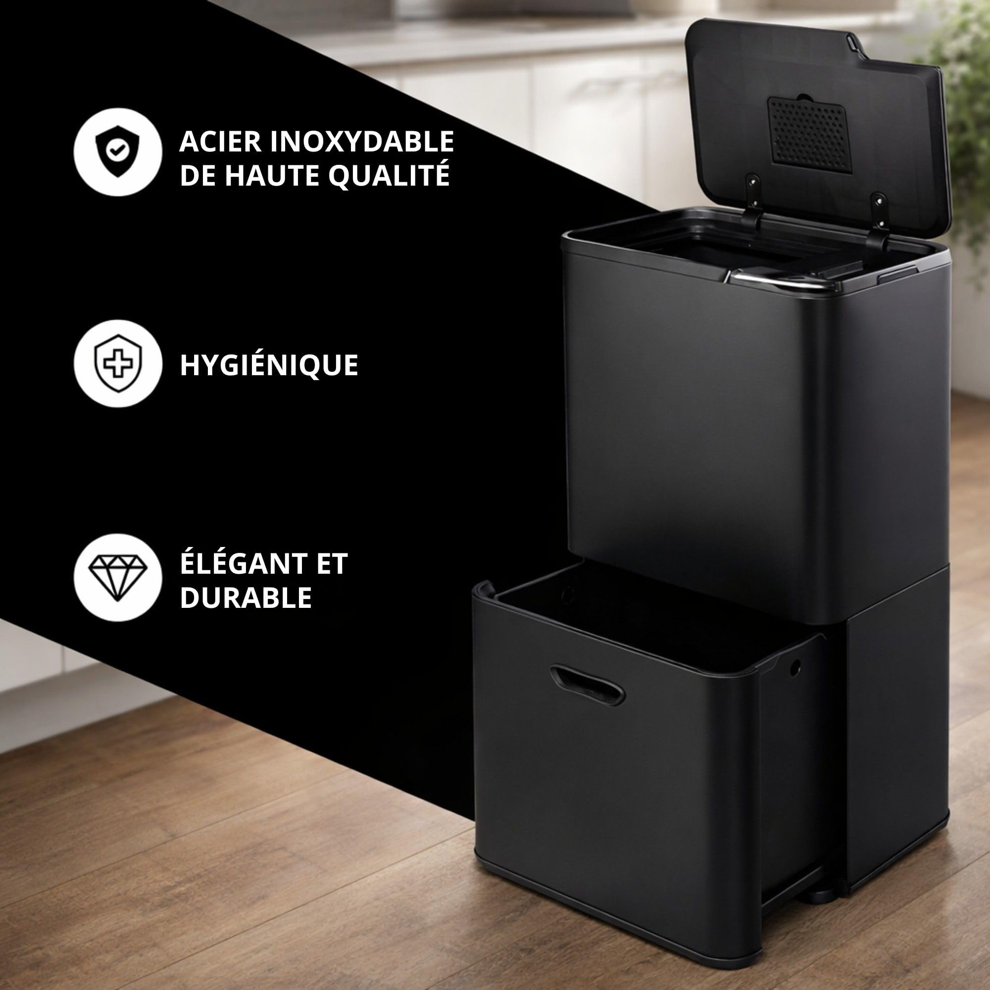 Bayt Poubelle De Tri Sélectif 60 L Pour La Cuisine - Poubelles De Cuisine À Double Bac De 60 Litres Pour Le Tri Des Déchets | Poubelle Verticale En Acier Inoxydable Noir Mat