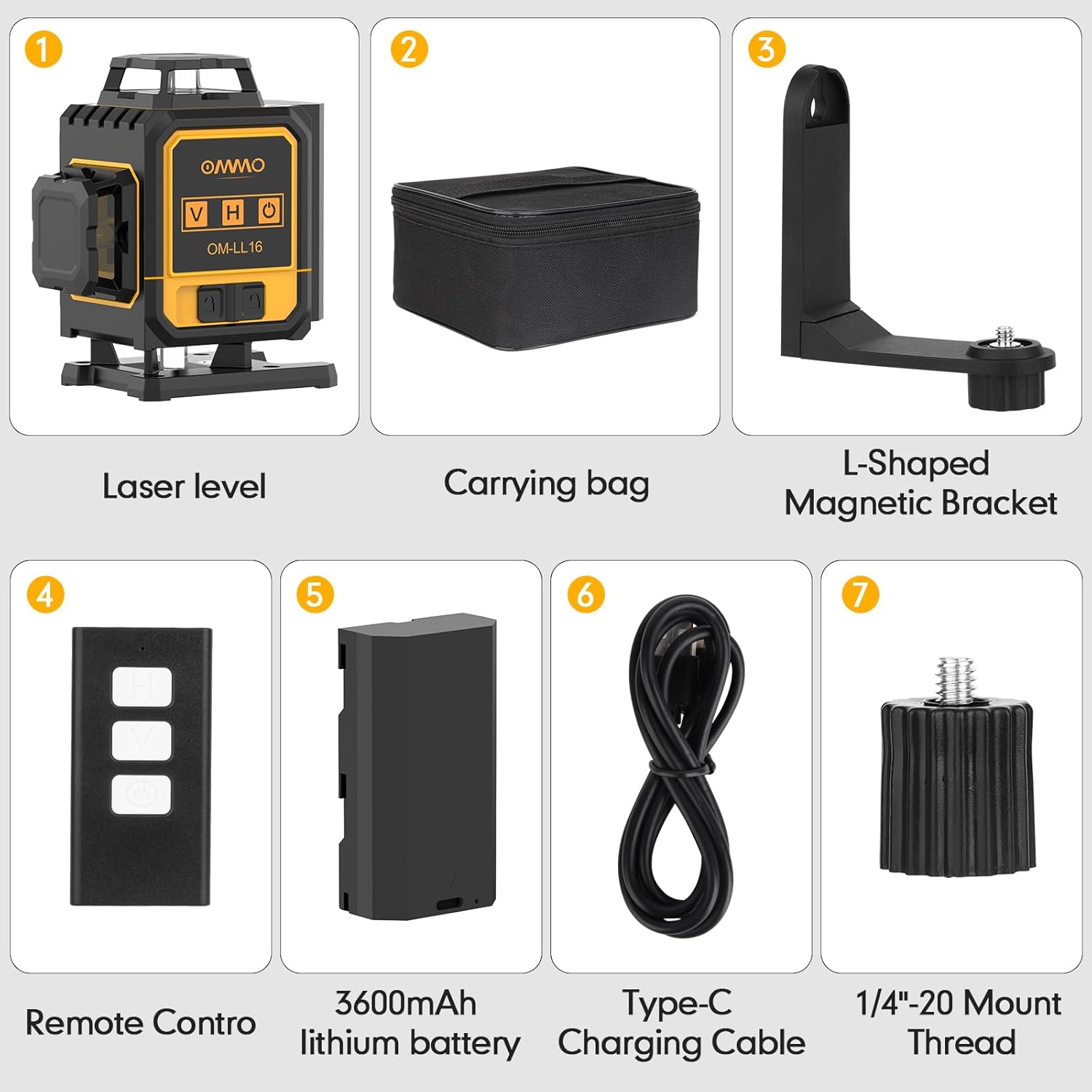 Diagram showing all components included in the OMMO Laser Level package: Laser level, carrying bag, L-shaped magnetic bracket, remote controller, 3600mAh lithium battery, Type-C charging cable, and 1/4 inch-20 mount thread.