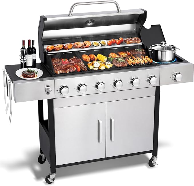 Nice Cooker 6-burner propane gas grill with side burner, cabinet, and accessory hooks