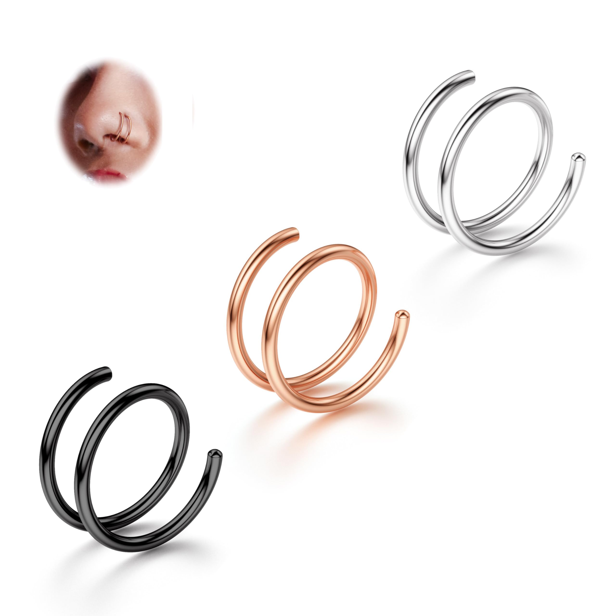 BodyBonita 2-8Pcs Softened 316L Stainless Steel Double Hoop Nose Ring for Single Piercing 22G 20G 18G Bendable Twist Spiral Nose Rings Hoops for Women