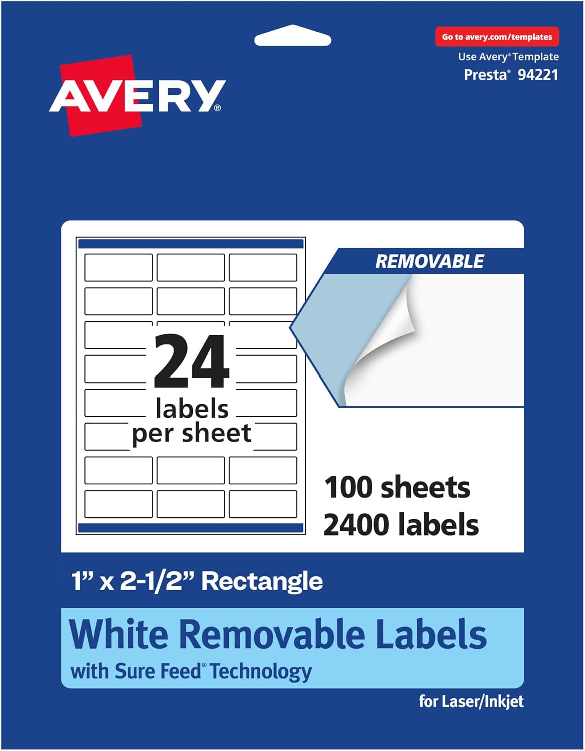 Avery Matte White Removable Rectangle Labels, Sure Feed Technology, 1" x 2.5", 2,400 Removable Labels, Laser/Inkjet Printable