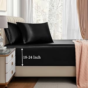 VACVELT 3pcs Extra Deep Pocket Satin Fitted Sheet Set Queen Bed Set Black Bottom Sheet Fit 18-24 Inch