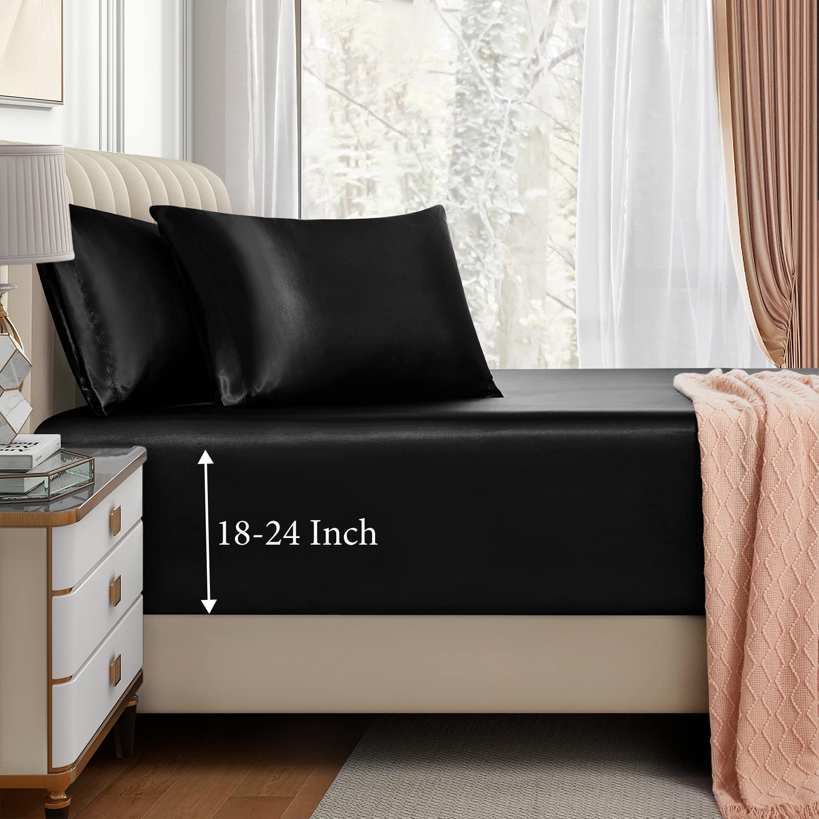VACVELT 3pcs Extra Deep Pocket Satin Fitted Sheet Set Queen Bed Set Black Bottom Sheet Fit 18-24 Inch