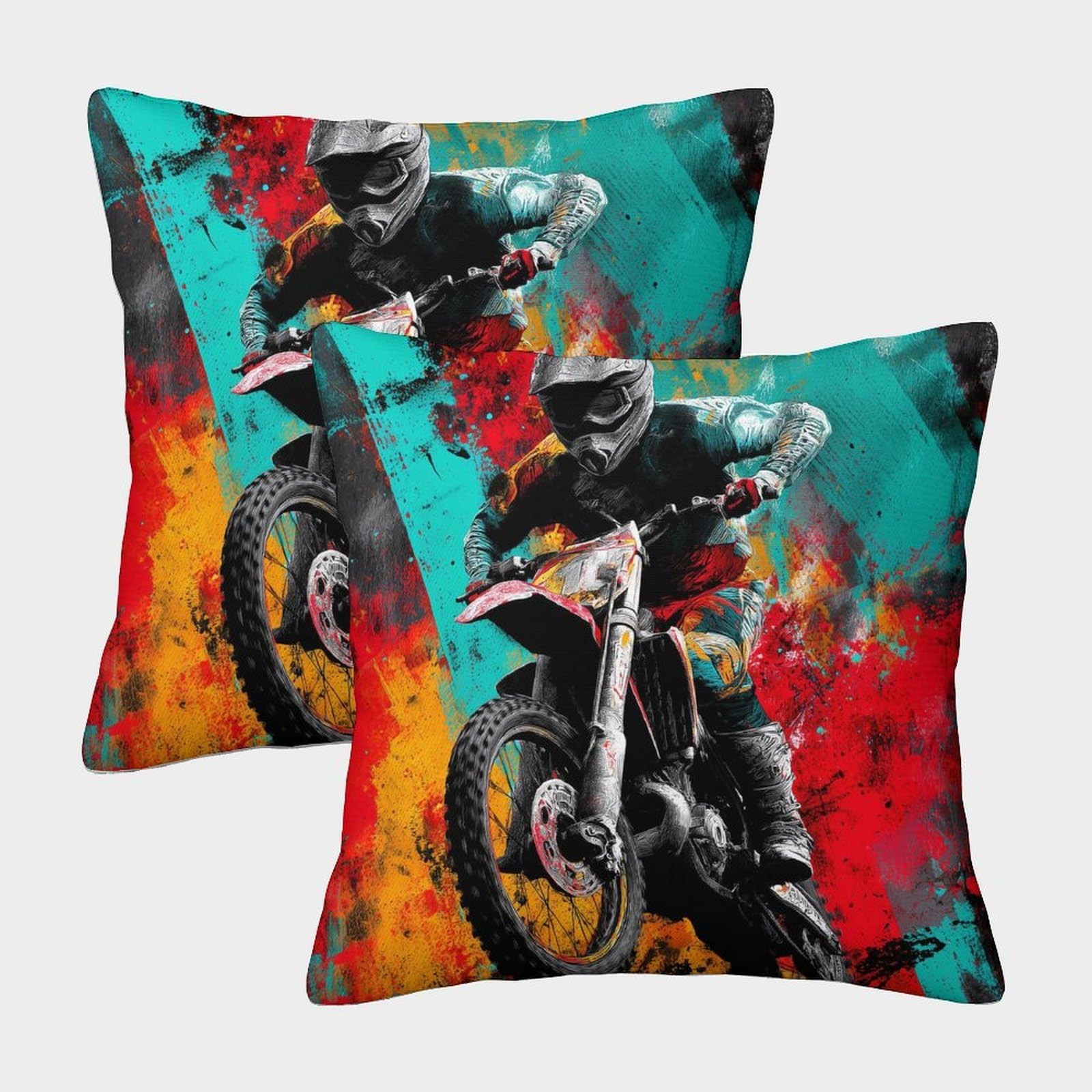 kaiyun 2 Pack Urban Graffiti Motocross Rider 3D Cushion Cover Pillow Cover Sofa Outdoor Decoration Square 50x50cm