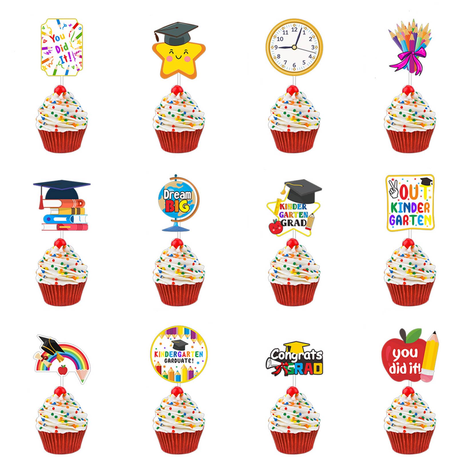 24Pcs Kindergarten Graduation Cupcake Toppers, Class of 2026 Congrats Grad Cupcake Picks for 2026 Preschool Primary School Graduation Party Decor Supplies