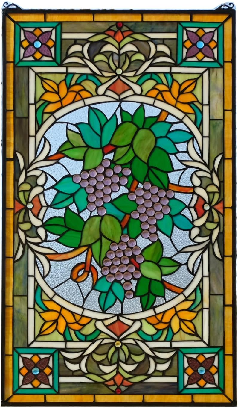 20" x 33.75" Stained Glass Hanging Window Panel Grapes Vine