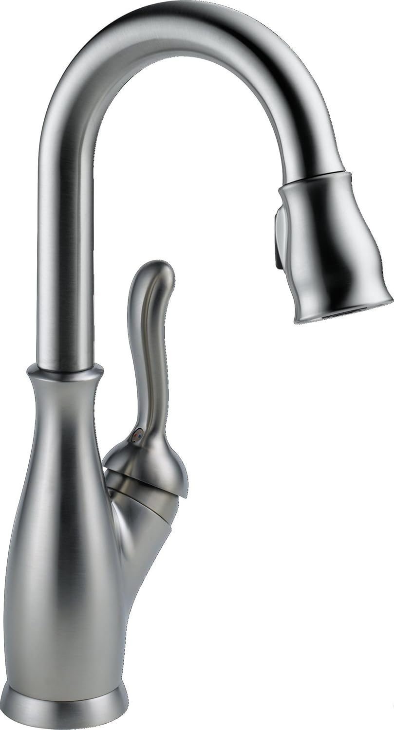 Delta Faucet Leland Bar Faucet Brushed Nickel, Bar Sink Faucet Single Hole, Wet Bar Faucets with Pull Down Sprayer, Prep Sink Faucet, Faucet for Bar Sink, Arctic Stainless 9678-AR-DST