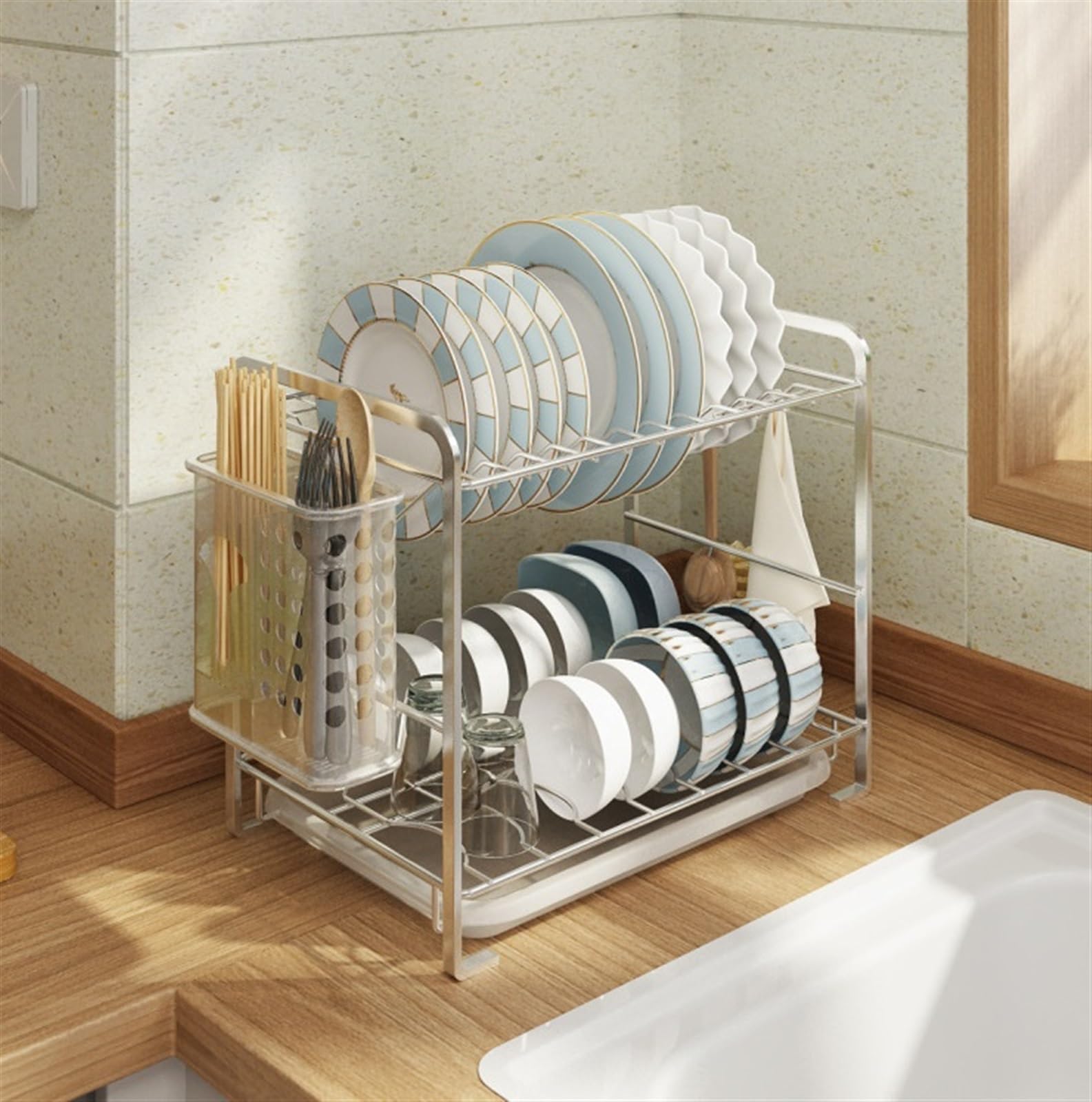 Escurreplatos Escurridor De Platos 2 Niveles para Encimera Cocina Acero Inoxidable para Organización Cocina