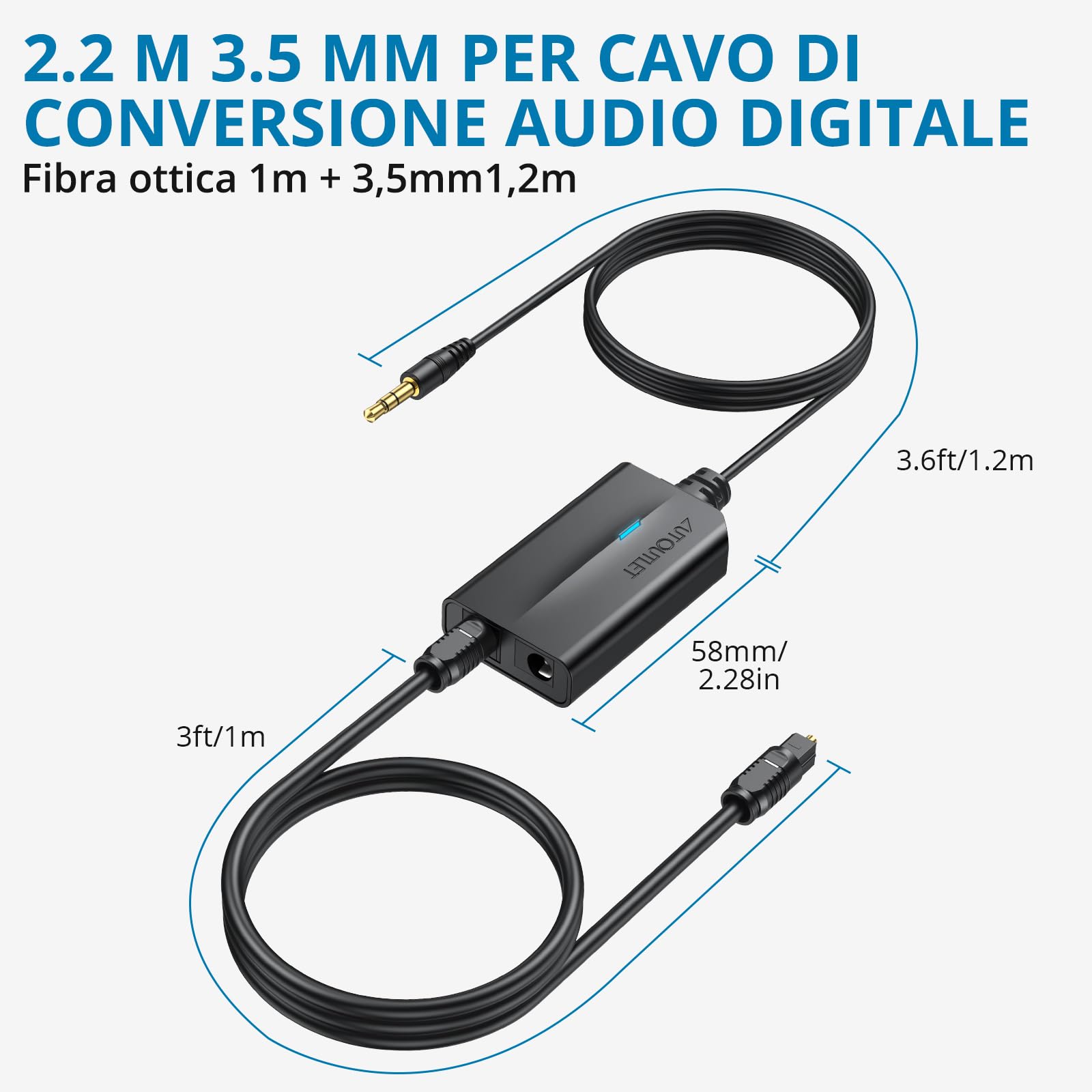 AUTOUTLET Convertitore Audio Analogico Digitale 3,5 mm a Toslink SPDIF con Cavo Audio 3,5 mm e Cavo Ottico 1m per TV Computer