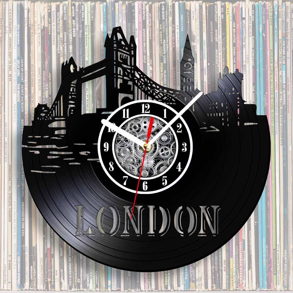 The Geeky Days London Skyline Vinyl Record Wall Clock, Battery Silent Quartz England London Cityscape Carved LP Record Hanging Watch England Big Ben Scenery Travel Gift Living Room Decor