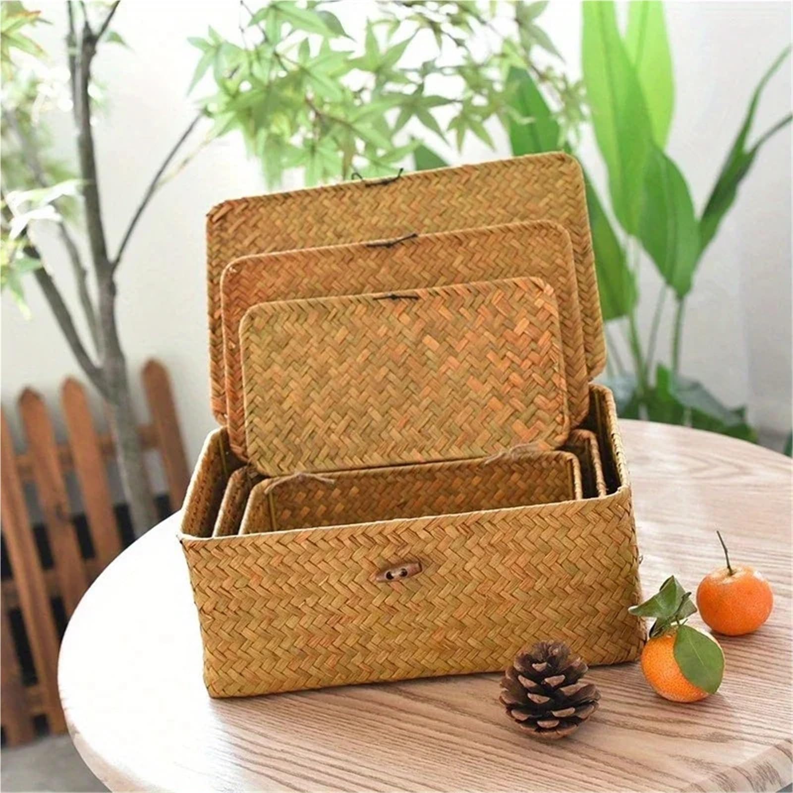 Cesto portaoggetti vintage fatto a mano in paglia intrecciata, scatola da scrivania, regalo per biancheria intima da bagno (grande)