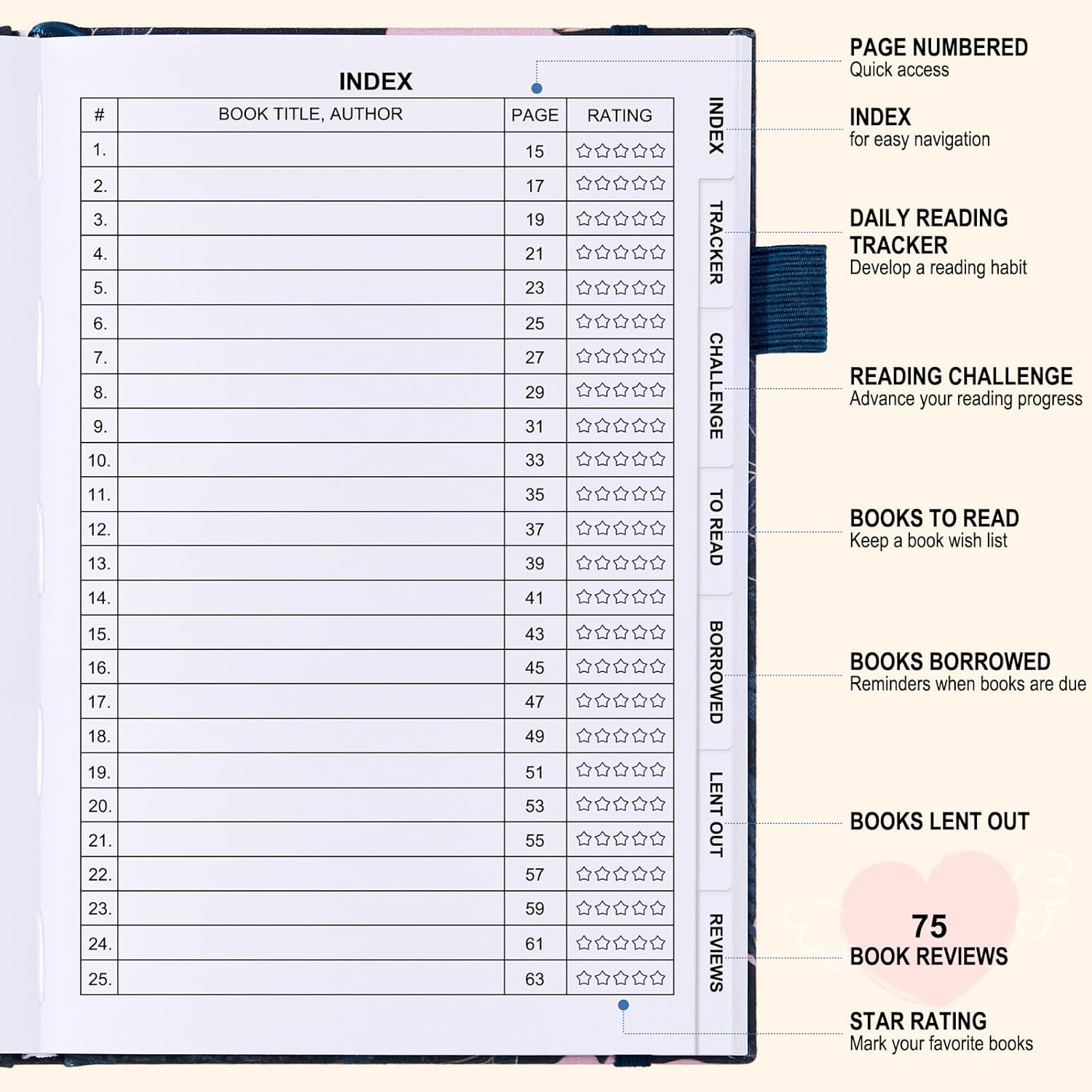 Reading Journal for Book Lovers - 75 Book Journal Reading Log for Book Tracking, A5 Linen Book Review Journal with TBR Tracker List, Ratings, Challenges, Prompts, and Index - Peony - Image 3