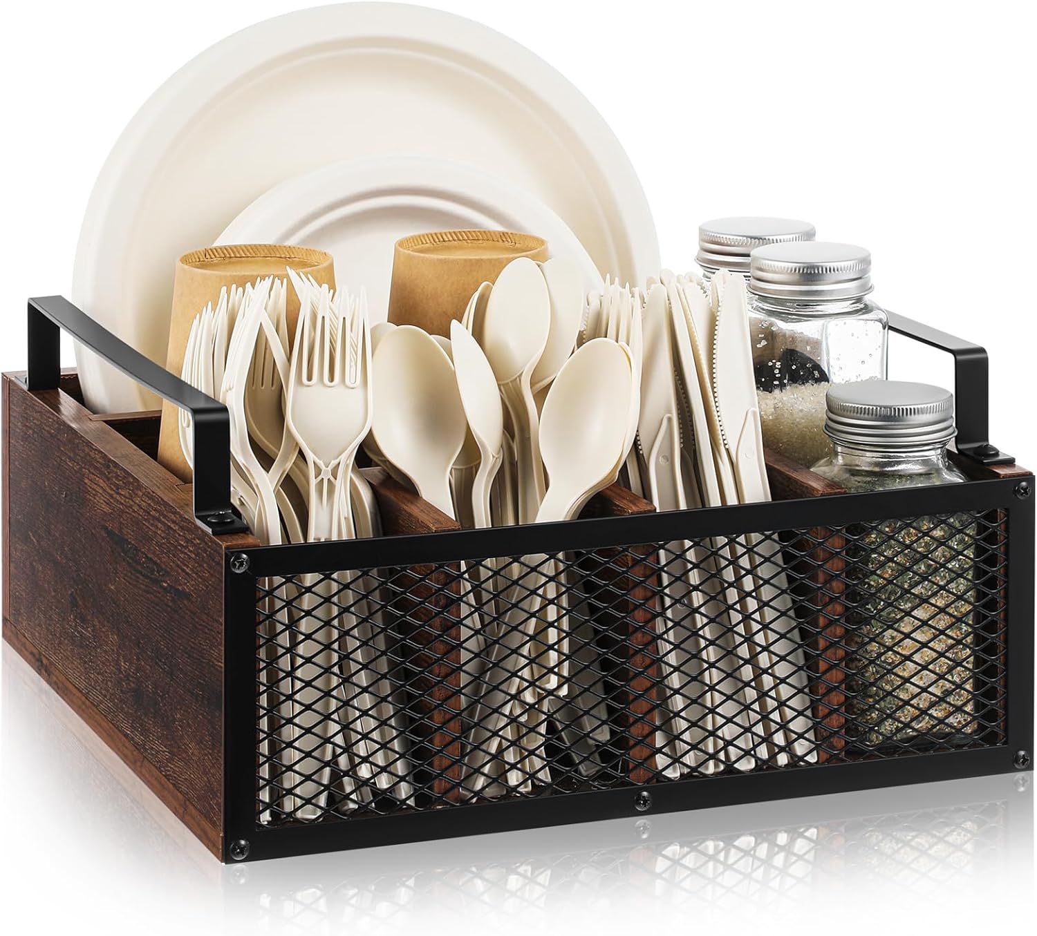 Mimorou Wooden Napkin Paper Plate and Utensil Holder Caddy for Party Kitchen Counter Cutlery Flatware Organizer for Utensil Caddy Cups Spoon Forks Napkins, Kitchen Accessories(Dark Wood Color)