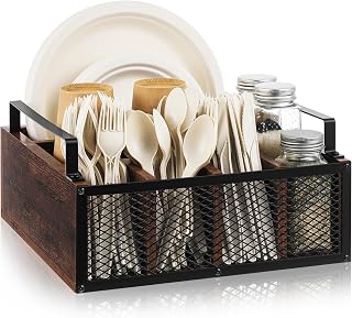 Mimorou Wooden Paper Plate Dispenser Utensil Holder Kitchen Counter Cutlery Flatware Organizer for Party Utensil Caddy Paper Plate Holder for Cups Spoons Forks Napkins, Kitchen Accessories