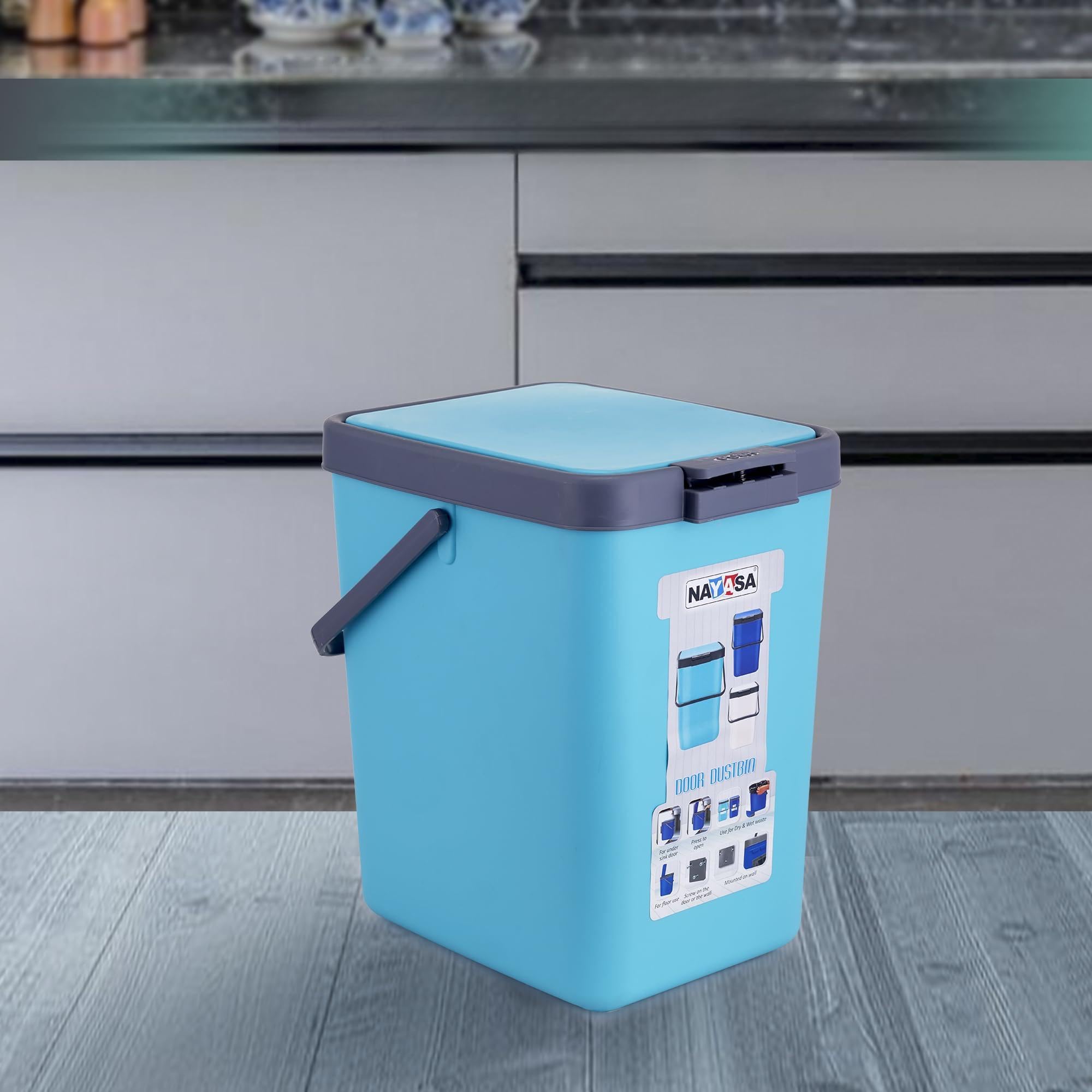 Nayasa Door Dustbin Small- 14 Ltr Plastic Press Top Waste Bin/Trash Can | Garbage Dustbin For Home, Kitchen, Bathroom, Office | Multipurpose Waste Bin | Turquoise Blue-picture-11