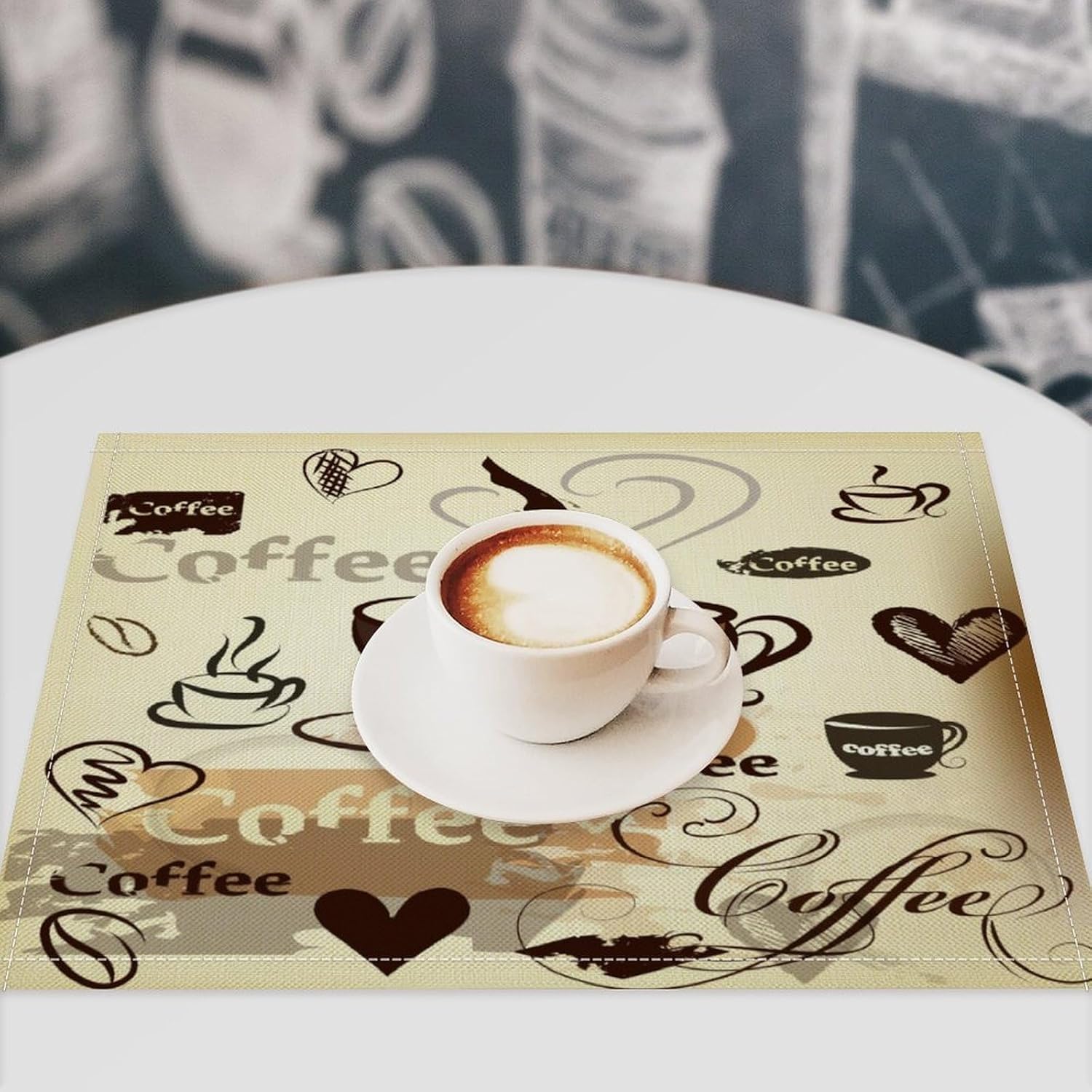 Vintage Coffee Placemats Set of 6, 17x12 Inch Rustic Farmhouse Coffee Cup Brown Modern Abstract Art Table Mats for Home Party Kitchen Dining Decor