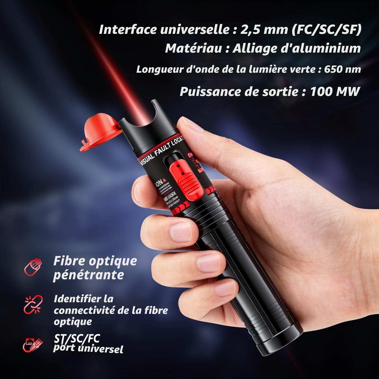 100 mW Localisateur de Défaut Visuel Testeur de Stylo de test de câble optique rechargeable de 2,5 mm FC/SC/SF, adaptateur FC mâle vers LC femelle, 100–120km VFL, stylo à lumière rouge
