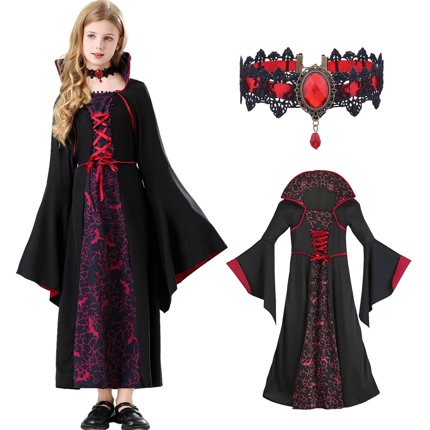 MUXIWOM Disfraz Vampiro Niña, Disfraz Halloween Niña, Disfraz Vampiresa Niña Halloween, Disfraz de Vampiro para Niña, Disfraz Vampirina con collar, para Halloween, Gótico, Vampiro, Carnaval, Fiesta