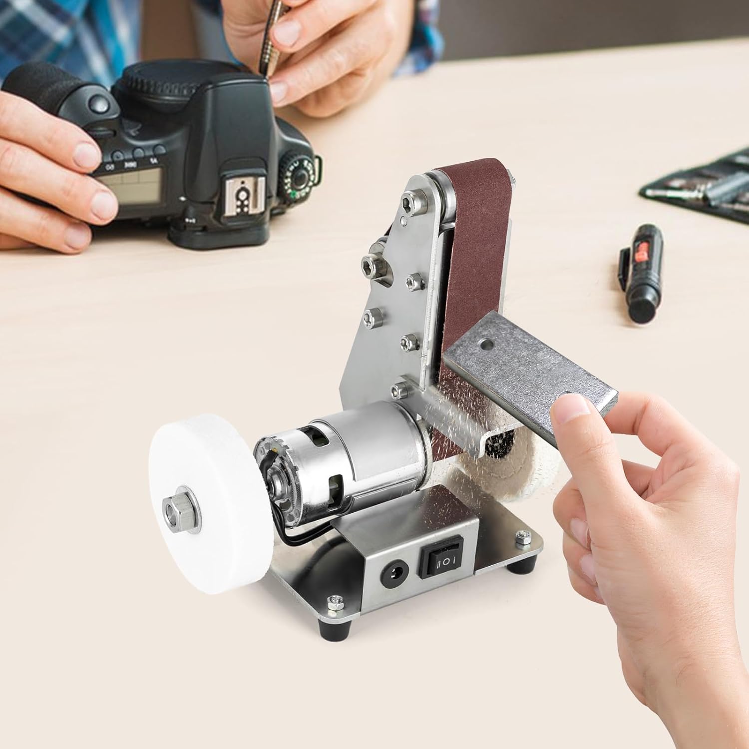 3-In-1 Mini Belt Sander, Adjustable Speed Electric Bench Grinder Sanding Machine, Table Top Grinder Polisher for DIY Craft Wood Stained Glass Jewelry Making Bench Grinder