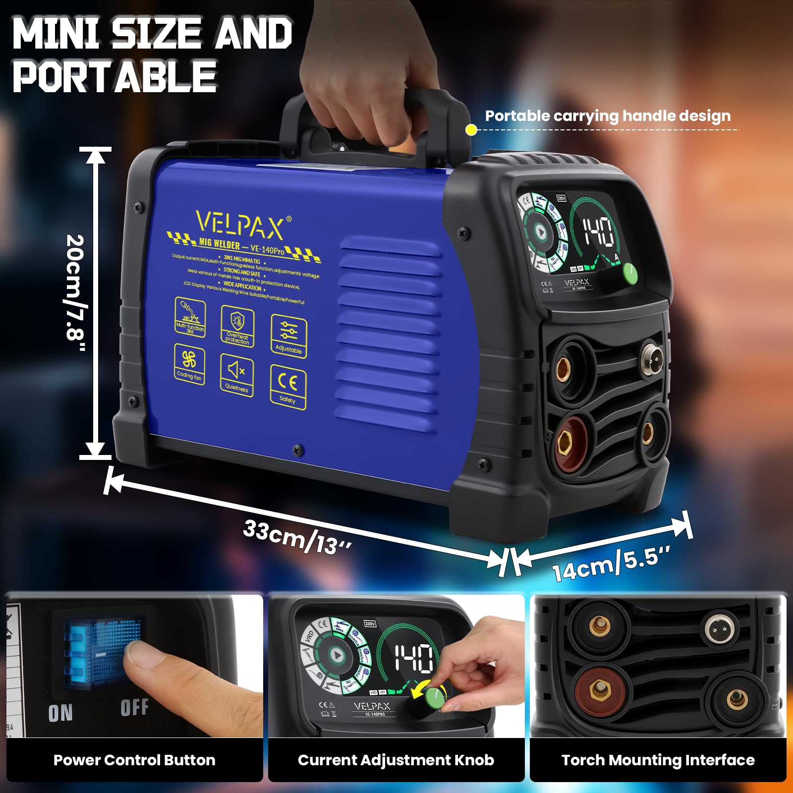 140A Saldatrice A Filo Continuo Senza Gas, 3 in 1 MIG/ARC/Lift TIG IGBT Inverter Saldatore con Smart Digital LED Dispaly di filo animato 0,8 mm per principianti e saldatori professionisti