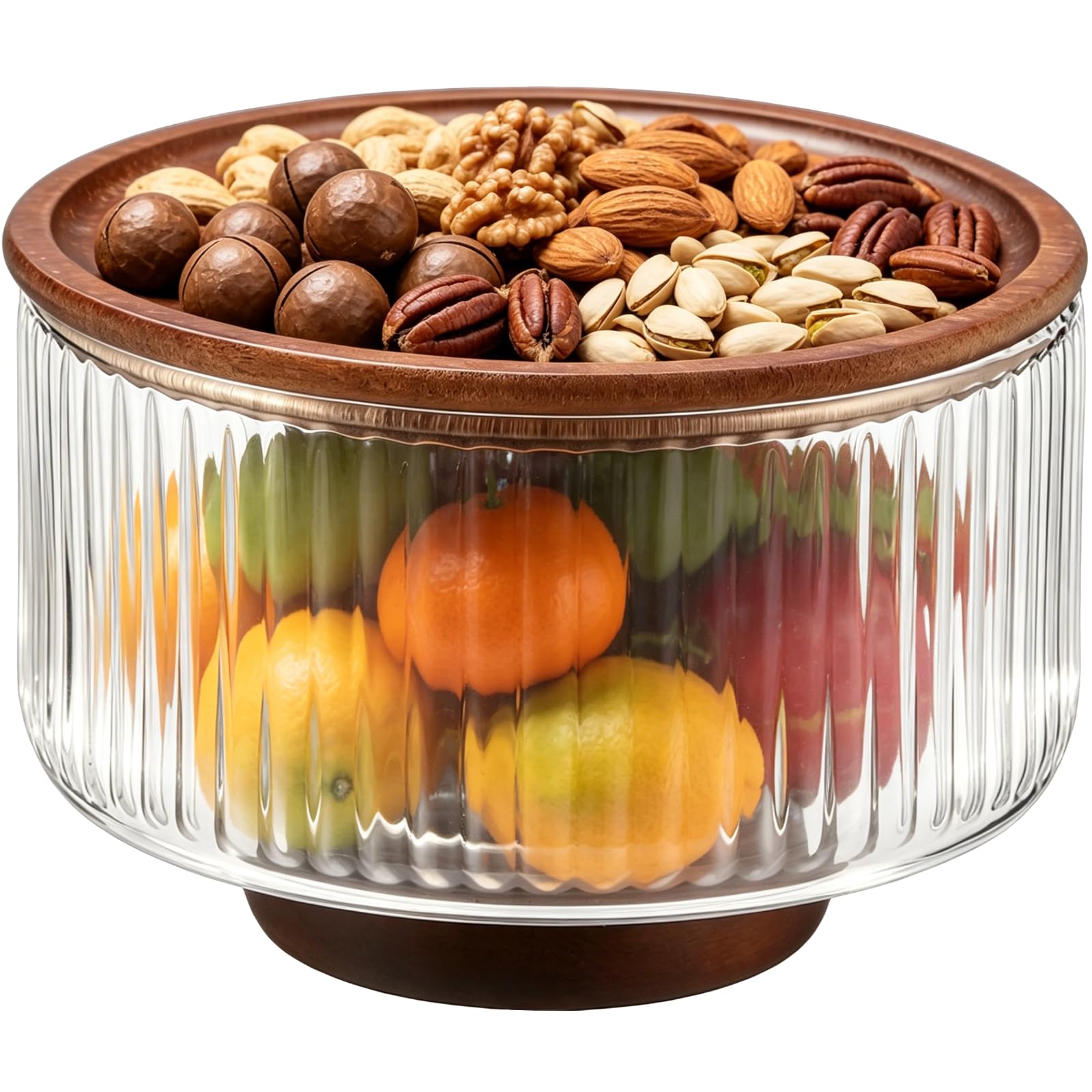 Skdqiee Small Ribbed Glass Salad Bowl with Acacia Wood Lid, 6.9 x 4.7 in Clear Glass Fruit Bowl, Elegant Decorative Serving Dish for Living Decor, Kitchen Countertop Organized, Parties, Presents
