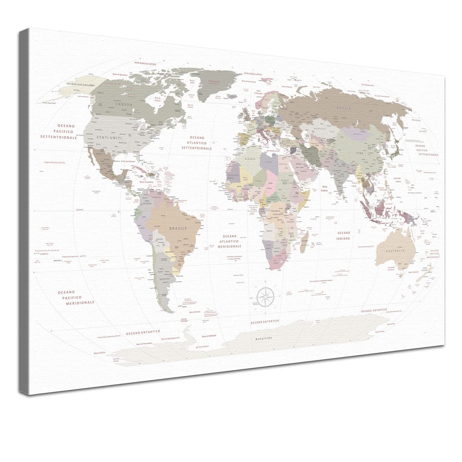 Mappa del mondo bacheca su tela per pinnen der Reisen – World Map White – Italiano – Murale da parete mappamondo in blu, 60 x 40 cm