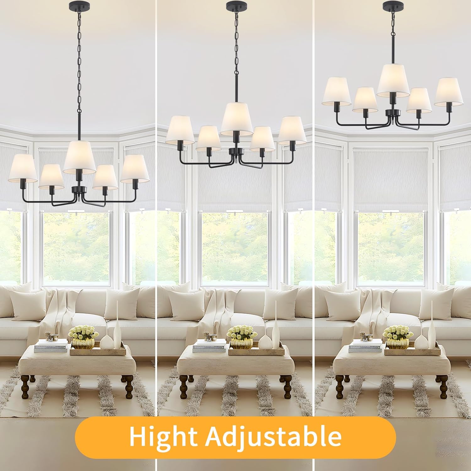 29.52" Black Farmhouse Chandelier with Fabric Shade, 5-Arm Vintage Modern Dining Room Light Fixture, Kitchen Island Pendant Hanging Foyer Light Fixture for Entryway Hallway Living Room Over Table