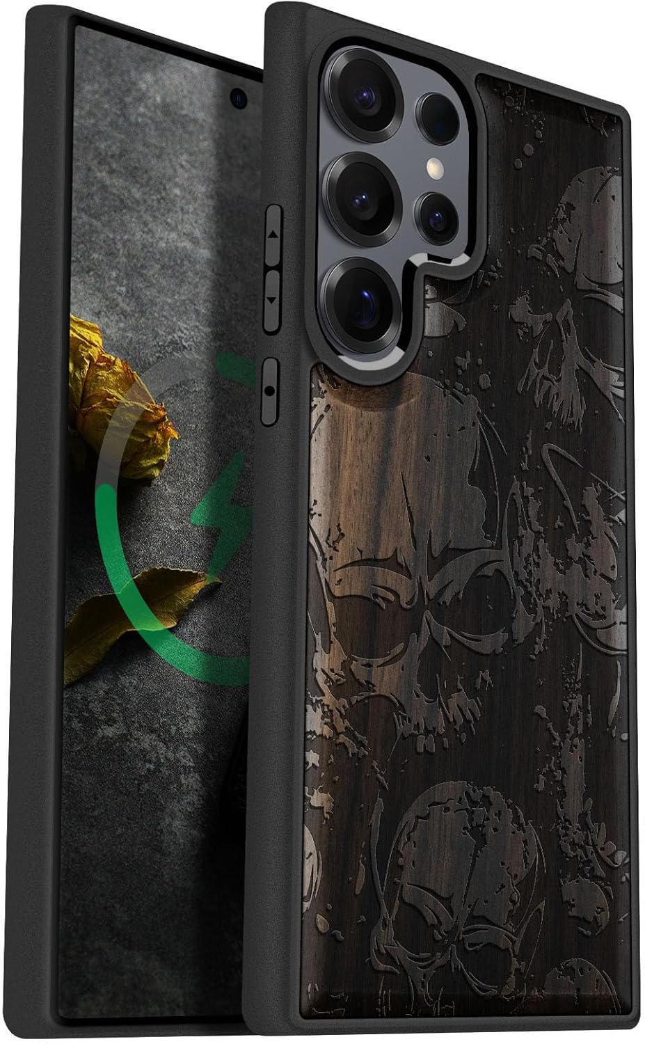 Carveit Magnetic Wooden Case for Samsung Galaxy S25 Ultra Case 2025, TPU Shockproof Cover & Wood Artisan Engraved, Compatible with MagSafe Wireless Chargers (Grunge Style Skull Pattern) Blackwood