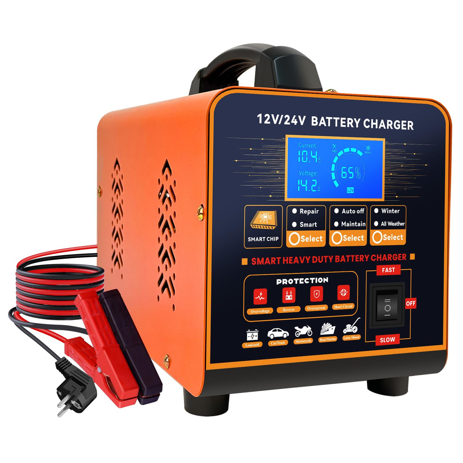 20A Cargador de Baterías Metal 12V/24V Profesional Mantenedor Automático, Cargador Inteligente con Apagado Automático, Reparación, Modo Invierno para Coche Camión Moto (Plomo, AGM, Gel, etc)