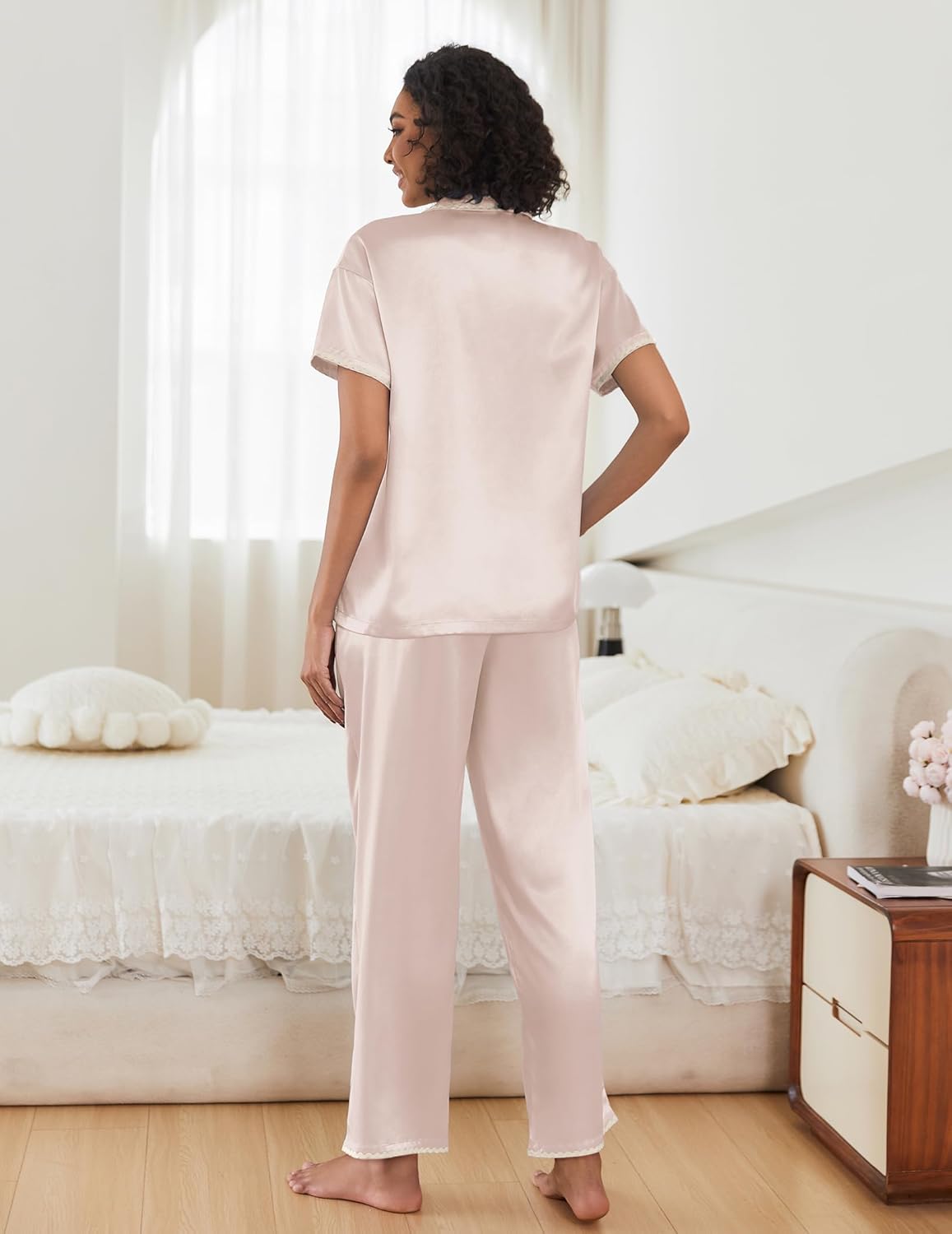 Ekouaer Silk Pajamas for Women Set Satin Two Piece Pjs Sets Ric Rac Trim Contrast Loungewear - Image 5