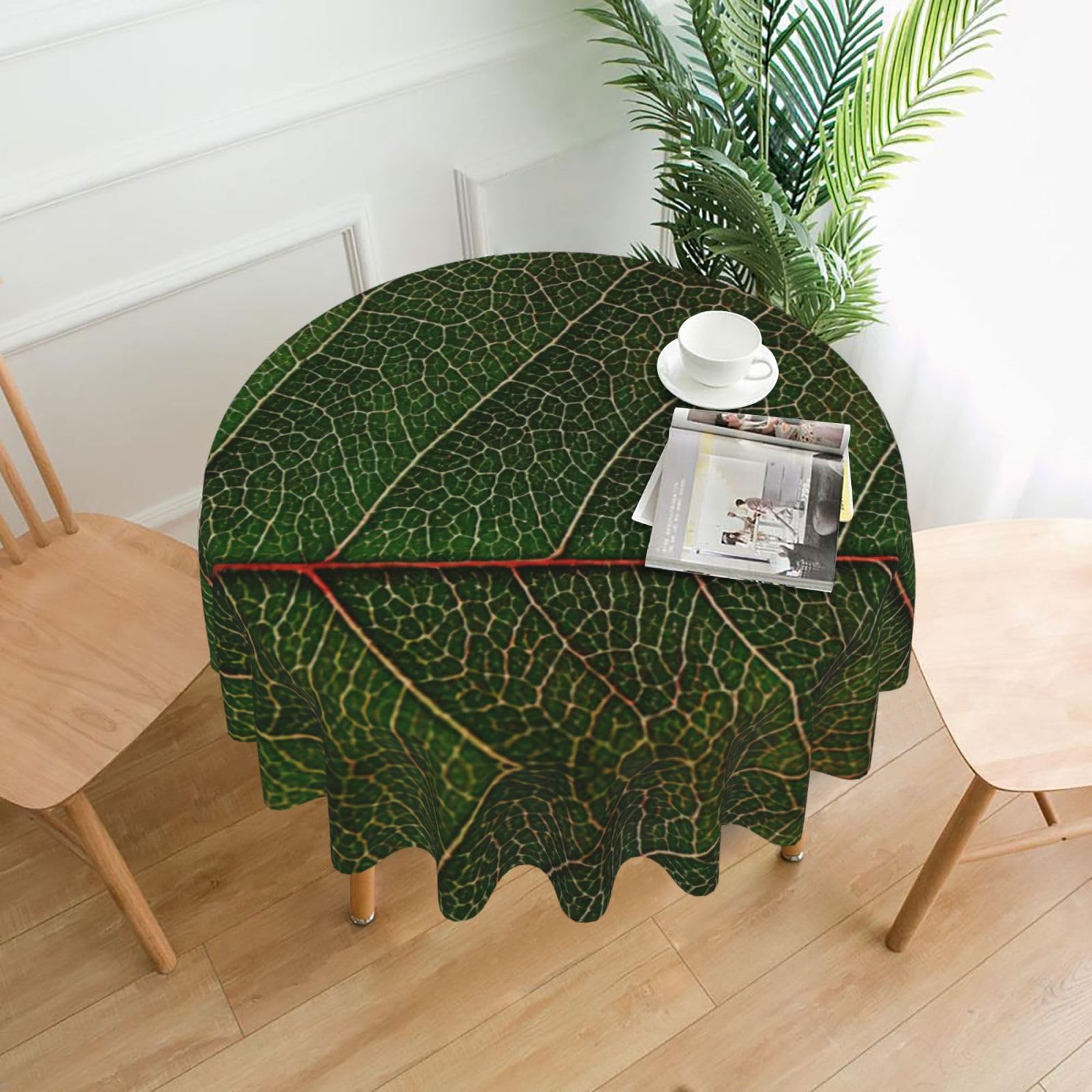 Uusnwaa Green Leaf Texture Veins Print Round Tablecloth 60 Inch, Stain Wrinkle Resistant Washable Polyester Table Cover For Kitchen Party