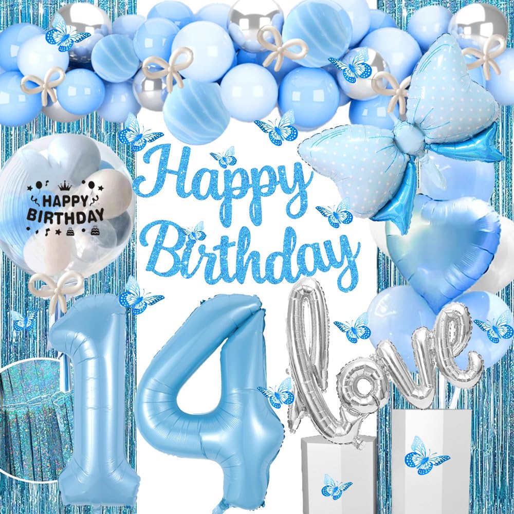 Gonngrun 14th Blue Silver Birthday Party Decorations with Happy Birthday Banner,Love Balloons,Number Balloon 14,Butterfly Hanging Garland,Fringe