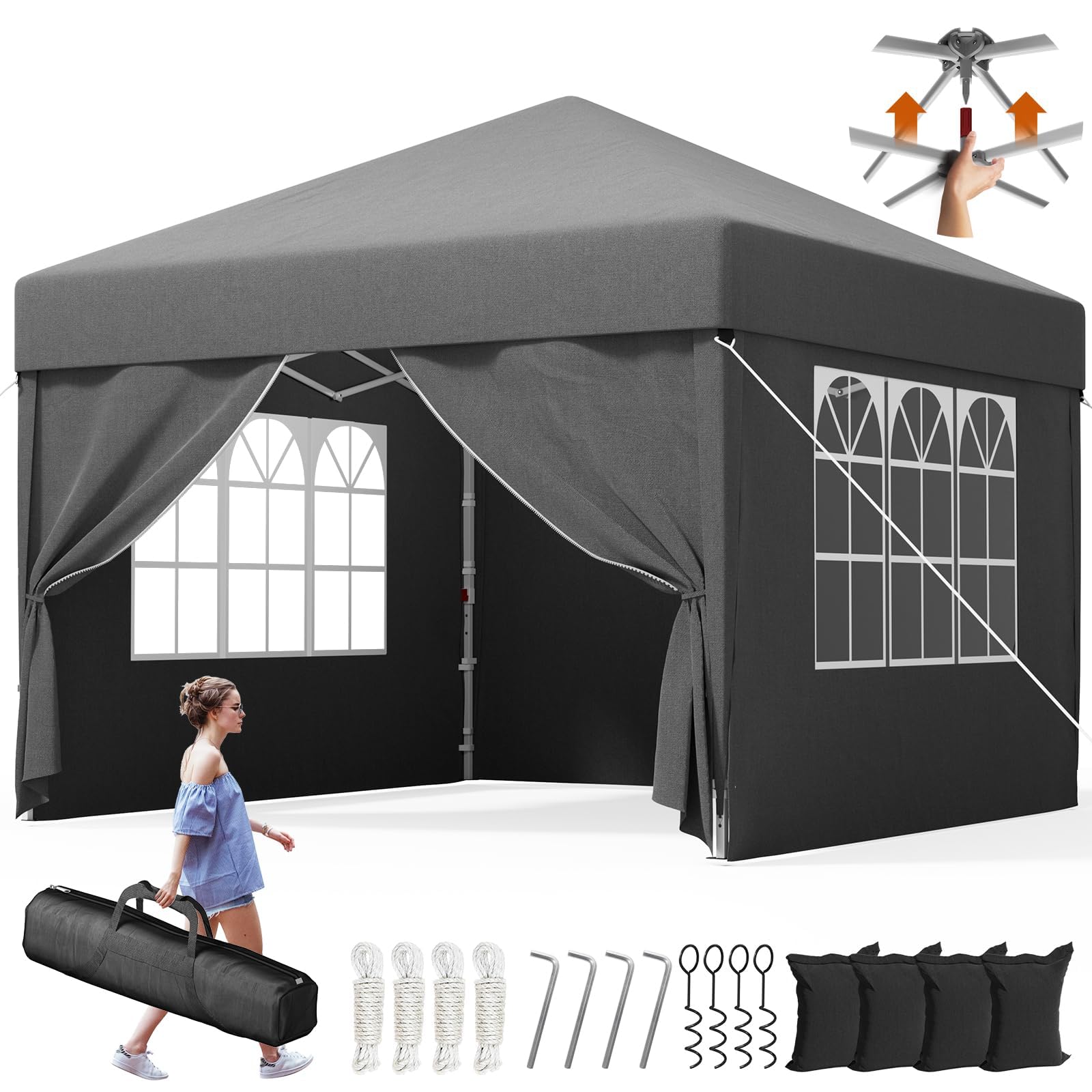 Devoko Pop Up Gazebo 3x3m with Sides, Heavy Duty Waterproof Marquee, 4 Removable Walls, UV50+ Sun Shelter, Adjustable Height, Folding Tent for Garden, Party, Camping - Grey