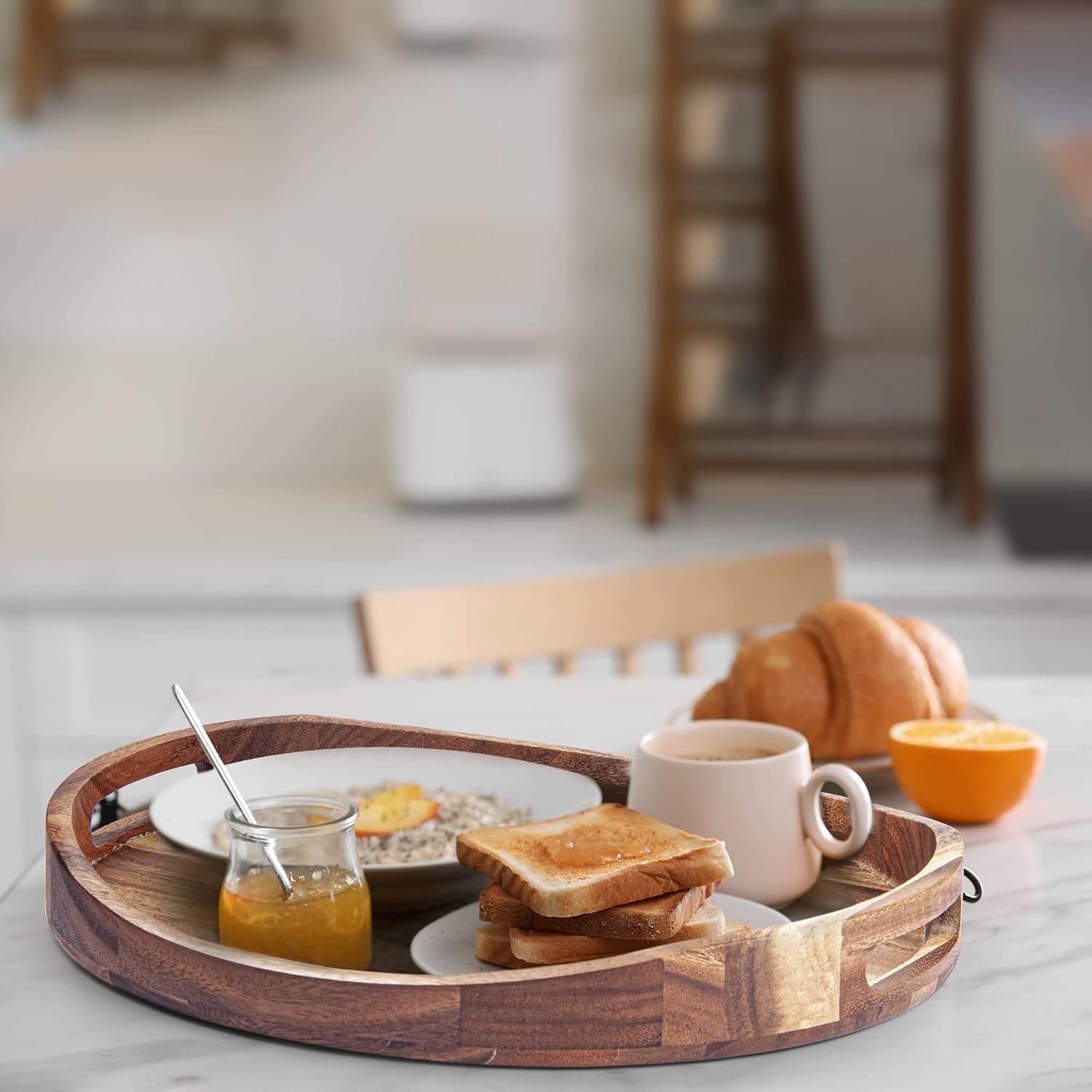 ZESPROKA Wooden Decorative Serving Tray - Acacia Wood Tray with Handles - Candle Holder Tray - Round Farmhouse Rustic Ottoman Tray - Circle Display Platter for Kitchen, Bar, Living Room : Home & Kitchen