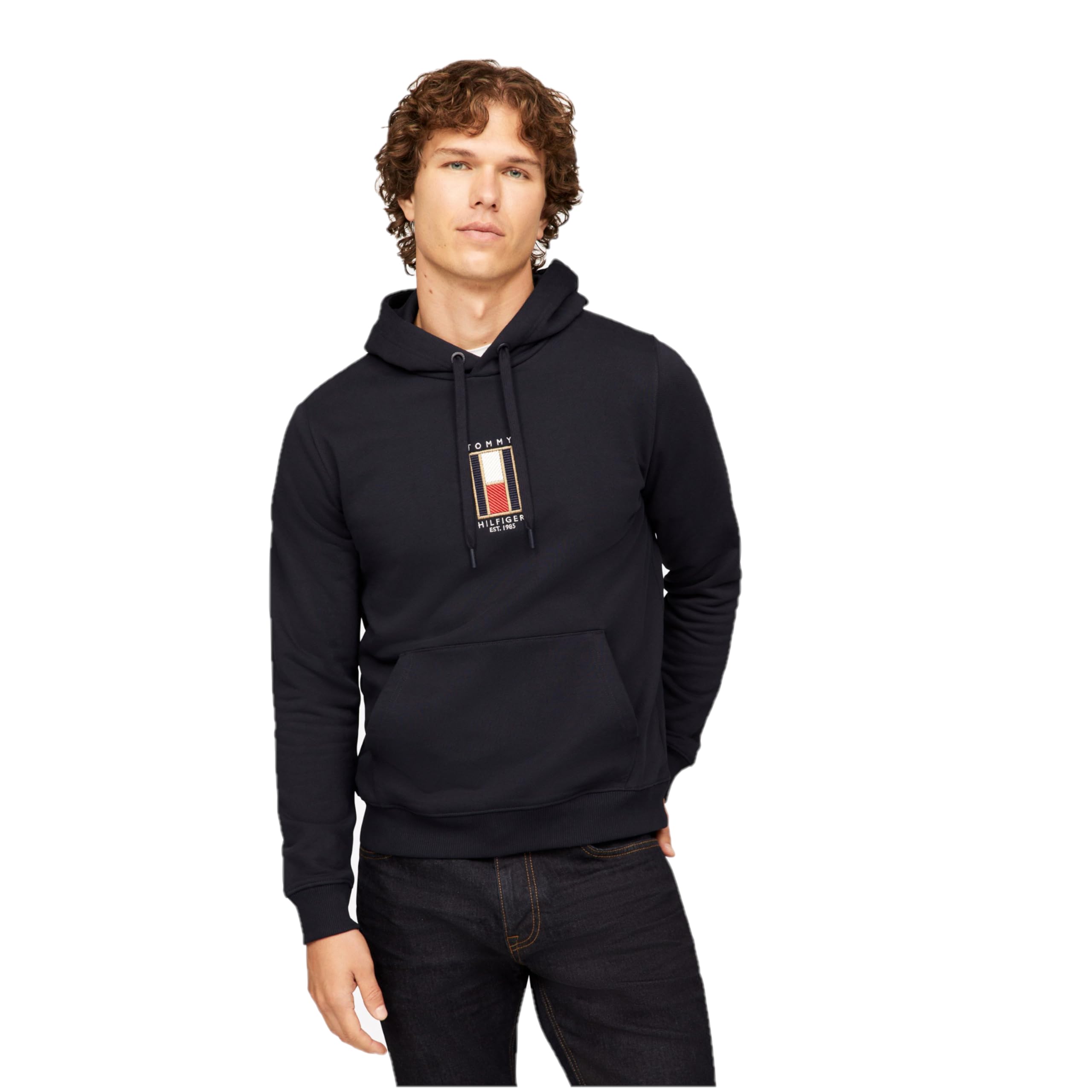 Tommy Hilfiger Men's Desert Sky Medium Weight Fleece Hoodie Sweatshirt With Embroidered Flag Logo, L