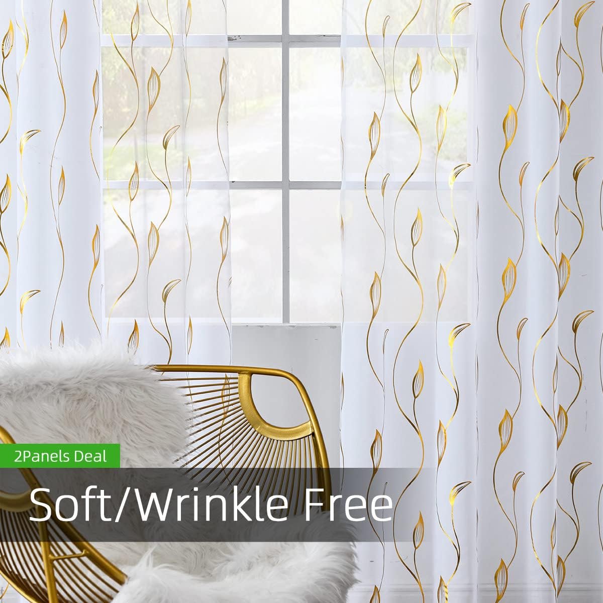 youleyar Gold Foil Print Voile Sheer Curtains,Wicker Grommet Top Window Drapes 72 Inches Long, Luxury Metallic Bronzing Treatment Panels for Home Window Decoration, 2 Panels