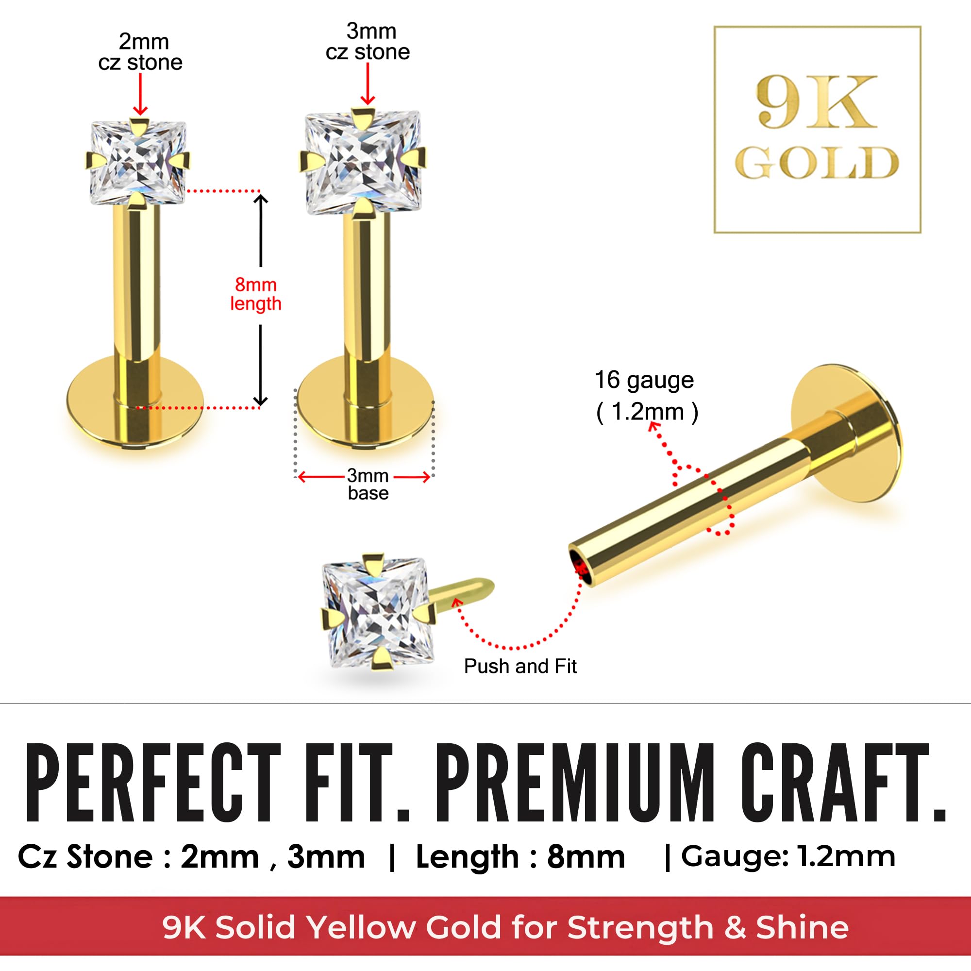 K 9 Solido Giallo Oro Artiglio Set Piazza CZ Pietra Interno filettato Bar Top 16 Gauge Hollow Labbro Labret Trago Piercing Gioielli