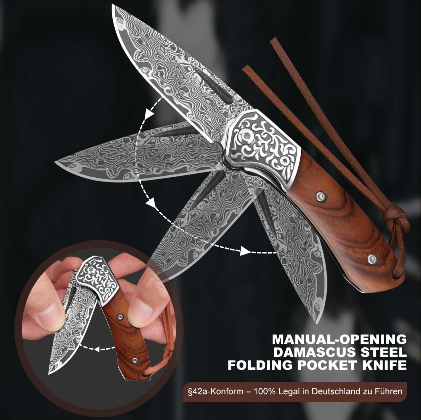 DRACHENADER Damast-Taschenmesser – 67 Lagen VG10 Damaststahl, handgeschmiedet, §42a-konformes Zweihandmesser mit Liner Lock und Holzgriff, EDC-Klappmesser für Camping, Survival