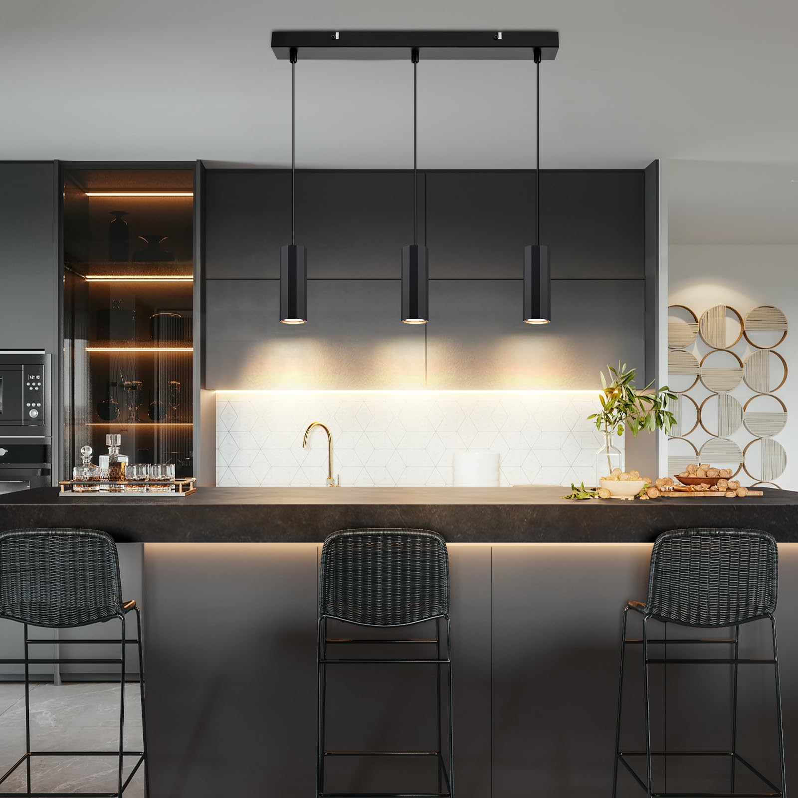 Glitzerlife Lampada a sospensione GU10 Nero Lampadario a Soffitto 3 Luci | Con Cavo Regolabile per Bar Ristorante Sala da Pranzo Isola Industriale in Metallo per Cucina Bar (Senza lampadina)