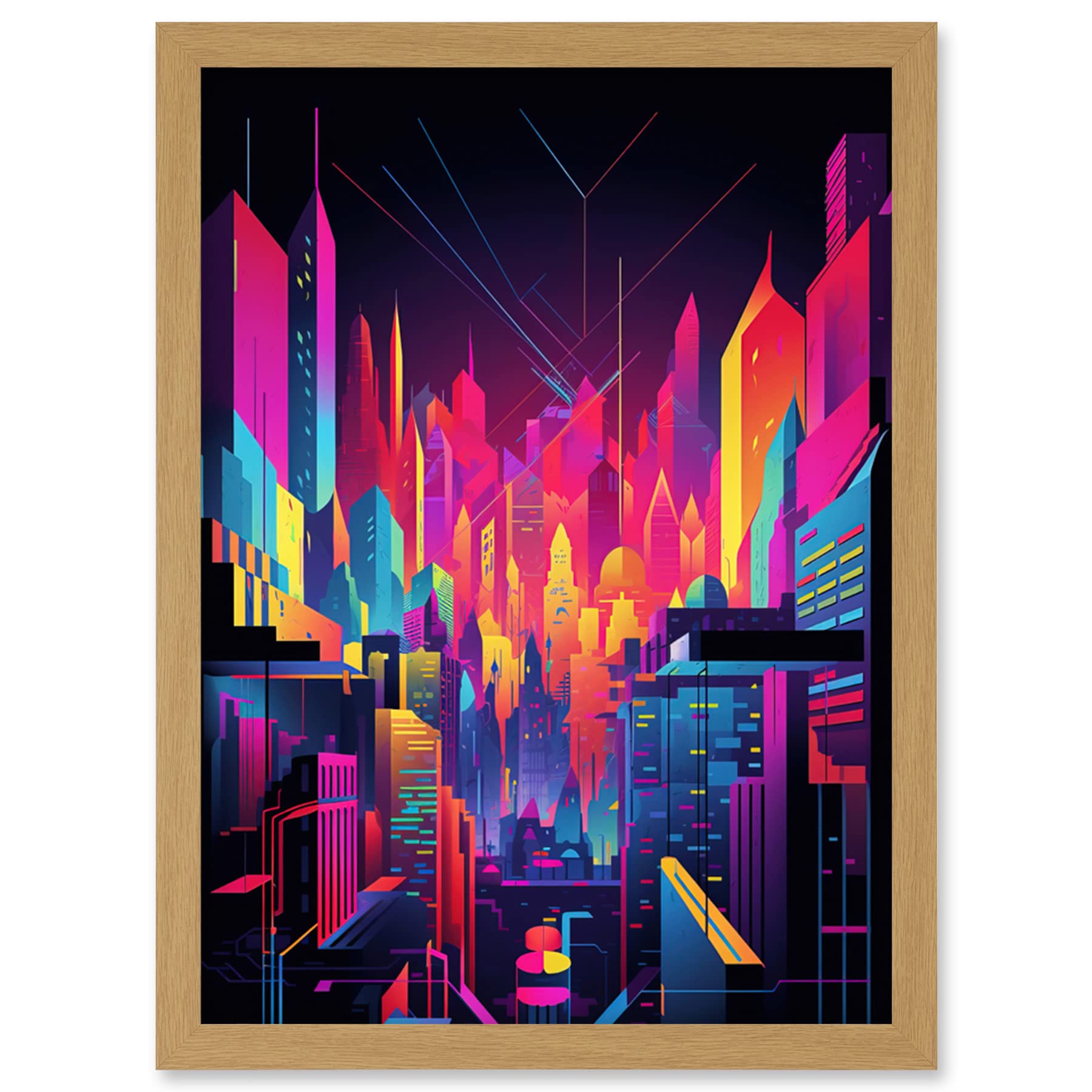 Artery8 Neon Light Colour Abstract Metropolis Cityscape at Night Modern Artwork Artwork Framed Wall Art Print A4