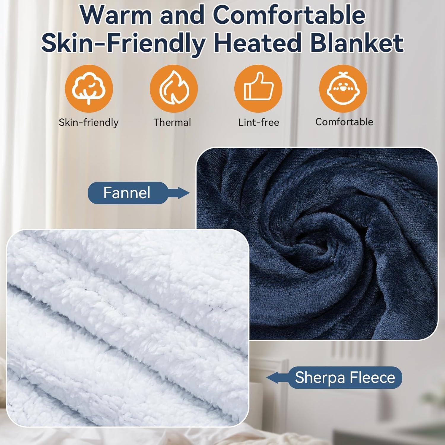 Olycism Coperta Termica 130 * 160cm Coperta Riscaldante Elettrica con 9 Livelli Di Calore e 10 Timer e Display Led Plaid Riscaldabile Termocoperta Singola e Doppie Blu Navy
