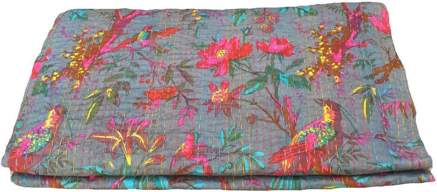 Indian Decorative Bedspreads & Coverlets Beautiful Designed Stitches Work (90 x 108 inches) (Gray)