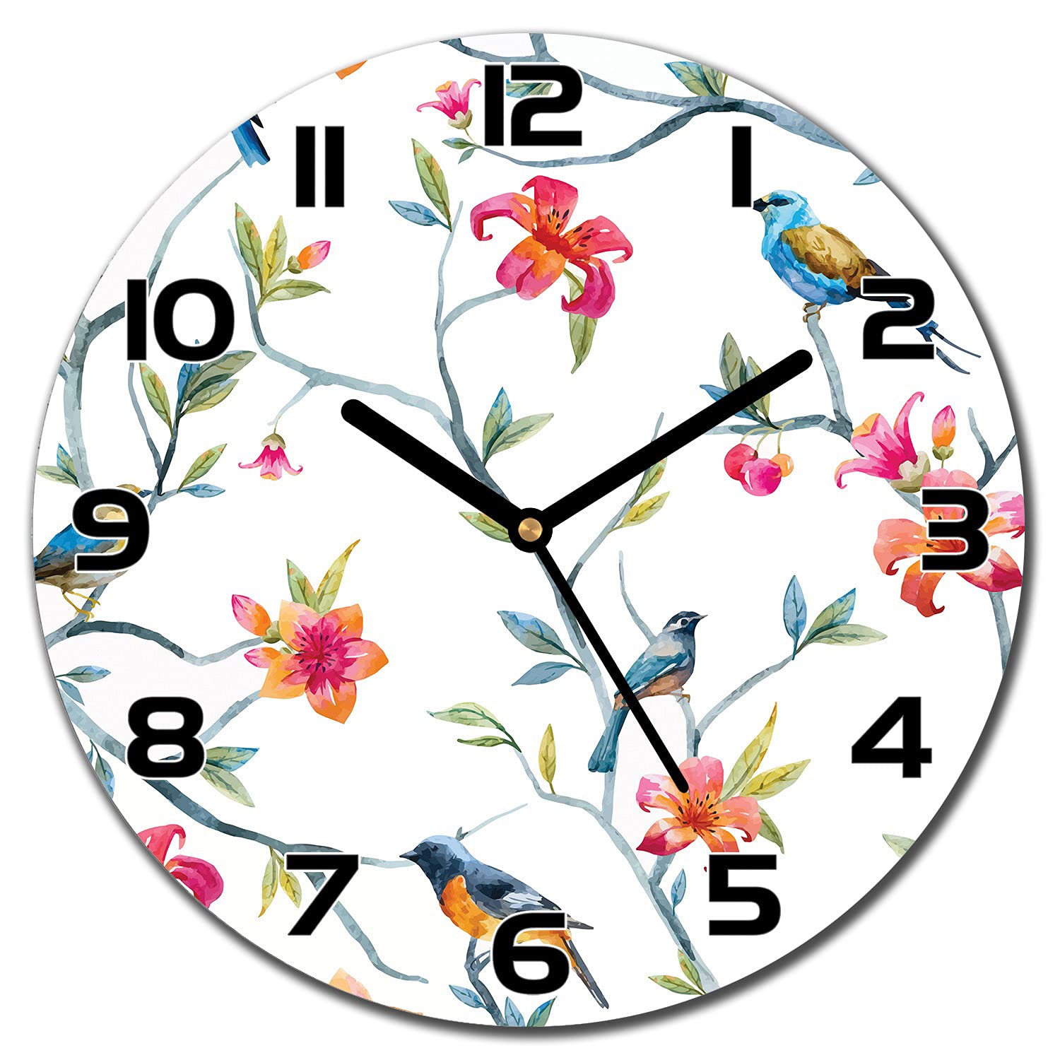 Horloge en verre 30 cm Fleurs d'oiseaux Coloray pour salon et cuisine