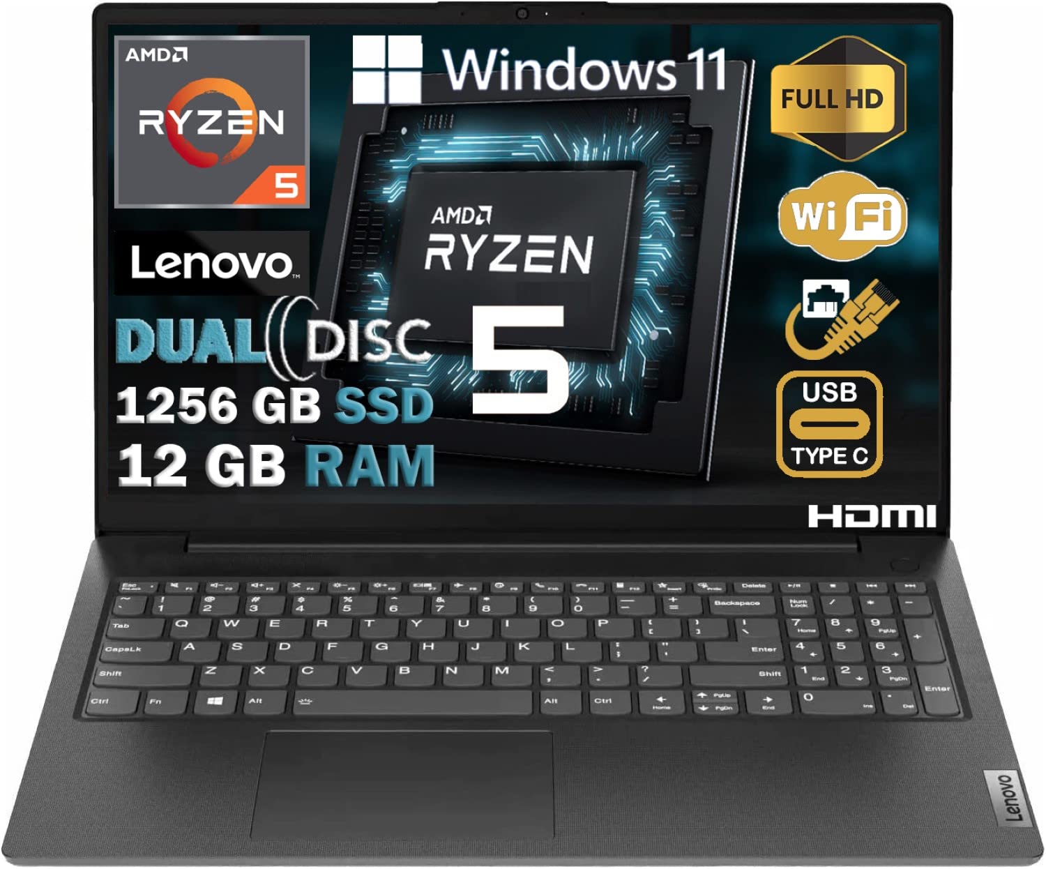 Lenovo PC Notebook LED 15.6 Inch Full HD, Amd Ryzen 5 R5-5500U Six