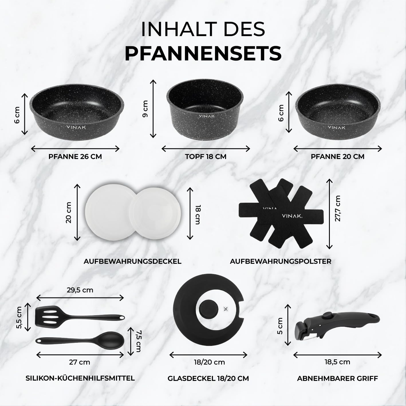 VINAK – Bratpfannen-Set mit abnehmbarem Griff | Antihaftbeschichtung | 11 STÜCK - 26 + 20 cm Bratpfanne, 18 cm Stieltopf, Glasdeckel, Silikonutensilien | Induktions- und ofenfest | PFOA-/BPA-frei