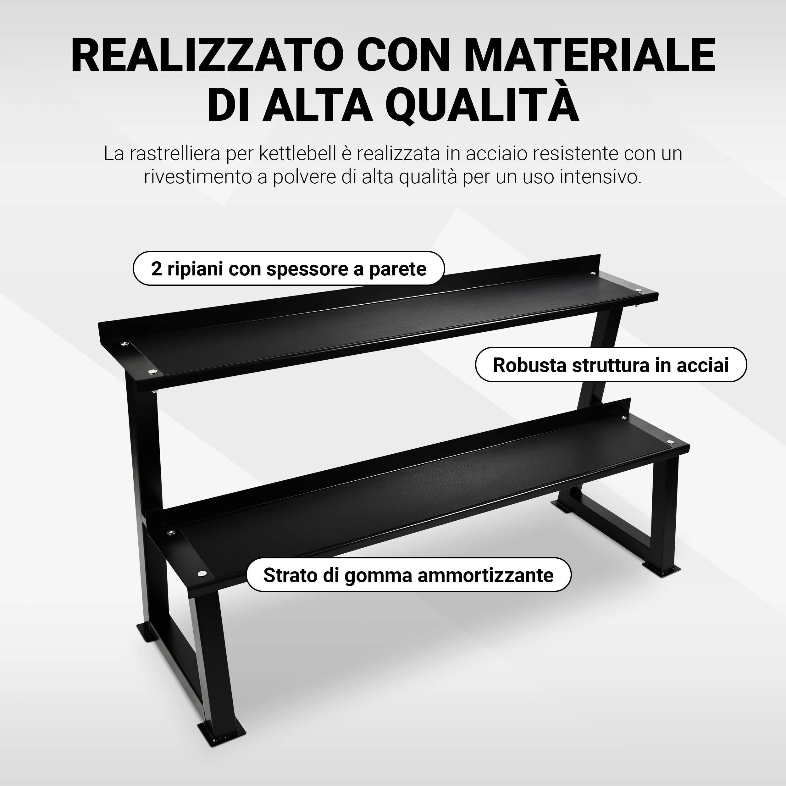 Kettlebell Rack I 2 Livelli – per 14 manubri a Sfera, ripiano per Kettlebell